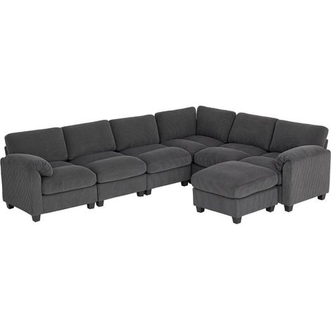 Canapé d'angle forme U avec ressorts, accoudoirs rembourrés, ottoman mobile, en velours côtelé, dimensions 292x224x85 cm, gris foncé (1/3)