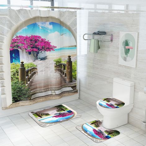 Filiyano-Rideau de douche imperméable à motif paysage naturel, ensemble de tapis de toilette 4 pièces, F05 (1/4)