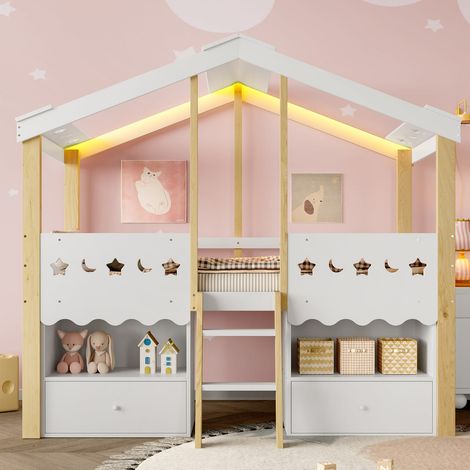 Lit cabane mi-hauteur 90 x 200 cm blanc et bois naturel avec 2 tiroirs et bande led, sans matelas (1/5)