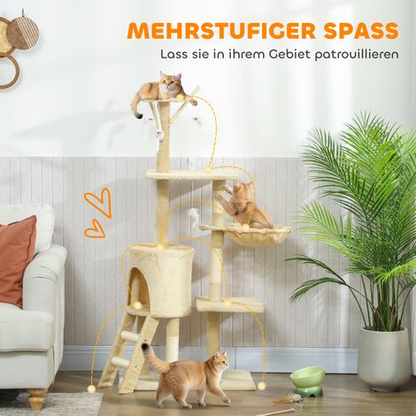 Arbre à chat avec cachette, 4 accessoires ludiques, poteaux en fibre naturelle, large plateforme, échelle, pour félins jusqu’à 5 kg, beige (1/4)