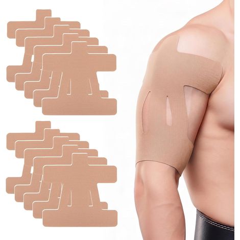 Paquete de 12 tiras de cinta kinesiológica precortadas para hombro, soporte deportivo elástico (tono de piel) (1/5)