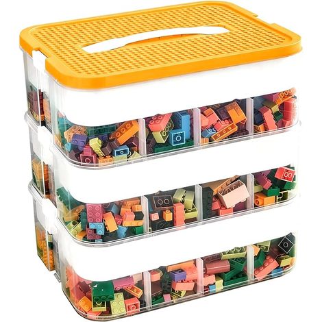 Boîte de rangement triple pour briques de construction Lego - Compartiments de rangement empilables - Caisses de rangement avec couvercle - Boîtes empilables en plastique - Petites pièces (1/5)