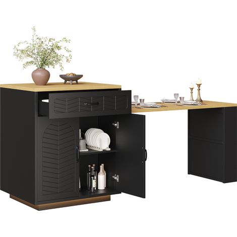 Îlot de cuisine avec table extensible, îlot de cuisine noir avec rangement, 2 tiroirs, 4 portes et éclairage LED (1/5)