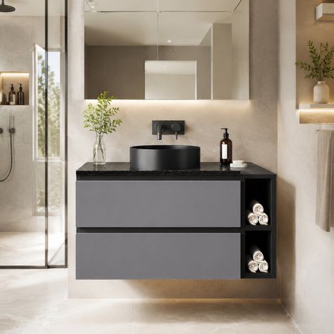 Mobile lavabo 80 cm in nero/grigio con lavabo in ceramica e piano effetto marmo, moderno e salvaspazio (1/5)