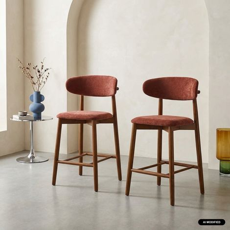 Lot de 2 tabourets de bar en bois d'hévéa noyer et tissu chenille - Paola Noyer / Bordeaux (1/5)