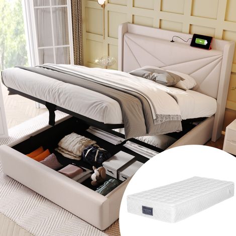 Lit coffre 90x200 USB-C tissu coton lin beige HAVRYA (1/5)