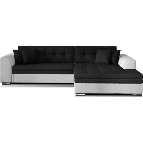 Canapé d'angle convertible tissu et simili LOOKA - Pieds métal chromé-Blanc/Noir-angle droit (1/5)