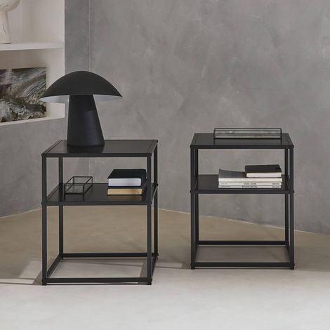 Lot de 2 Tables de chevet en métal noir. 1 étagère. INDUSTRIELLE L 43 x l 40 x H 52cm (1/2)