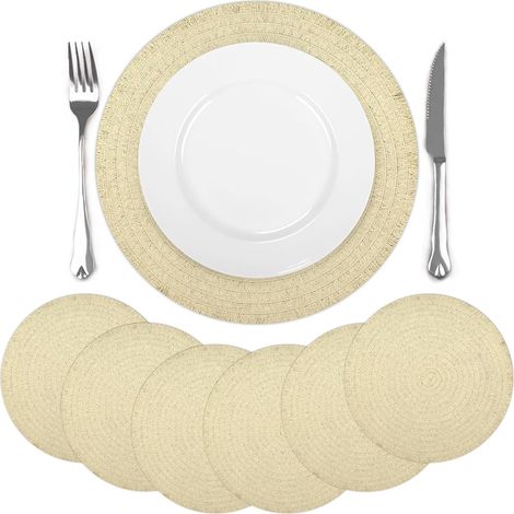 Lot de 6 sets de table ronds tressés beiges, antidérapants, résistants à la chaleur, 38x38 cm. (1/5)