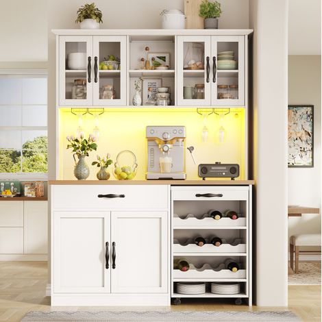 Buffet 140/38/180 cm blanc avec chariot amovible, LED et grand espace de rangement (1/5)