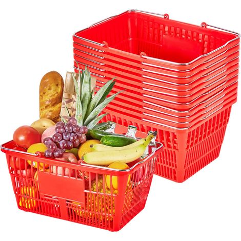 Panier de Courses Plastique 12 PCS Panier à Provisions Empilable Capacité 21 L pour Épicerie Vente au Détail Magasins Supermarchés, avec Poignées Métalliques, Maille Dense, Charge 9,07 kg, Rouge (1/5)