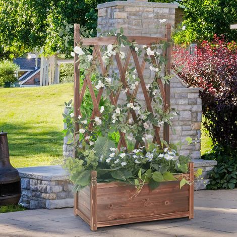 Rustic Wood Solid Garden Raised Bed with Trellis Planter Box (1/5)
