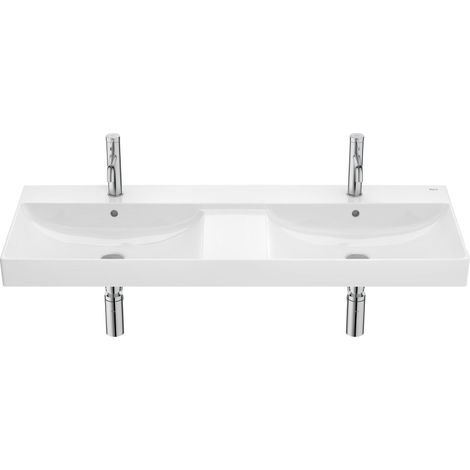 Roca – Lavabo suspendu double vasque 120x46x16 cm en céramique – 2 trous robinetterie – Avec trop-plein – Finition brillante – Blanc (1/2)