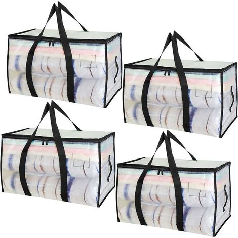 Lot de 4 Grand Sac Rangement Vetement 90L, Imperméable Sac Demenagement Pliable avec Couvercle Fermetures Éclair, Alternatives Aux Cartons de Déménagement, pour Camping Linge de Lit Vêtements (1/5)