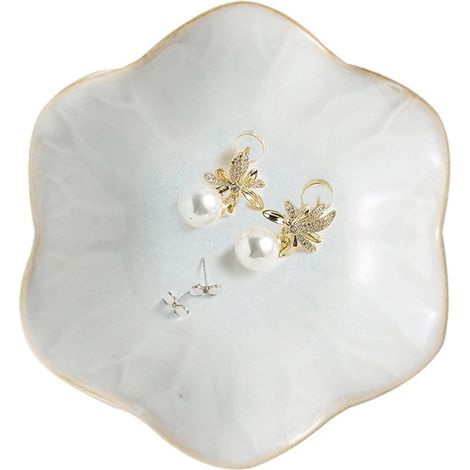 Plateau à bijoux en céramique blanche élégante en forme de fleur (11 cm), idéal pour ranger bijoux, bagues, parfums et clés. Un cadeau parfait (1/5)