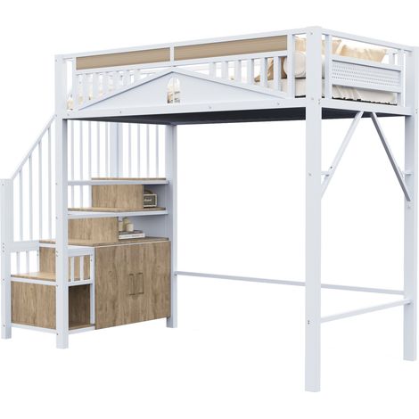Cama alta de metal 90 x 200 cm blanca con escalera de almacenaje (1/5)