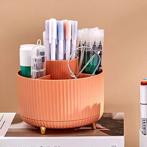 Porte-stylo de bureau à 5 compartiments, rotation à 360°, idéal pour ranger les fournitures de bureau, orange. (1/5)