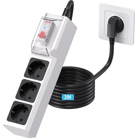 Multiprise disjoncteur différentiel 30mA, 3680W/16A, Câble 3M Multiprise Parafoudre et Surtension, Multiprise avec différentiel pour appareils électroménagers, Outils, extérieur, Blanc (1/5)