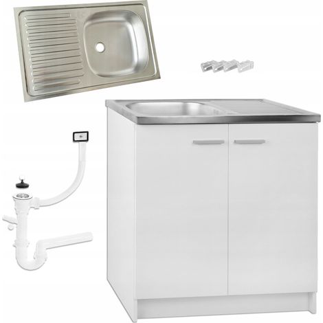 Küchenschrank-Set – Weiß – 80 x 50 cm – Edelstahlspüle – inklusive Siphon