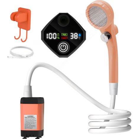 Douche de camping portable avec pompe immergée Douche de voyage randonnée voiture,avec affichage numérique intelligent plein écran Kit de douche réglable 6000 mAh pour jardin-orange (1/5)