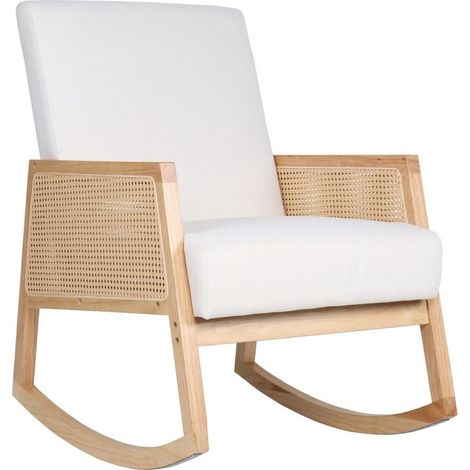 Home Heavenly® - Butaca mecedora de madera y ratán SOFIA, estilo boho chic, tapizado antimanchas. 98x82x65 cm. Color: Crema (1/5)