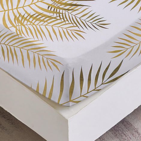 Drap Housse 160x200 cm 2 Personnes avec Grand Bonnet de 30 cm - Drap-Housse Microfibre Doux à Motif Feuilles Tropicales - Or Blanc (1/5)