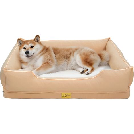 BingoPaw - Lit pour Chien Déhoussable - Mousse à Mémoire de Forme – Tissu Oxford Imperméable et Fausse Fourrure de Lapin Doux - Antidérapant - L 94.5x67x19.5cm Beige