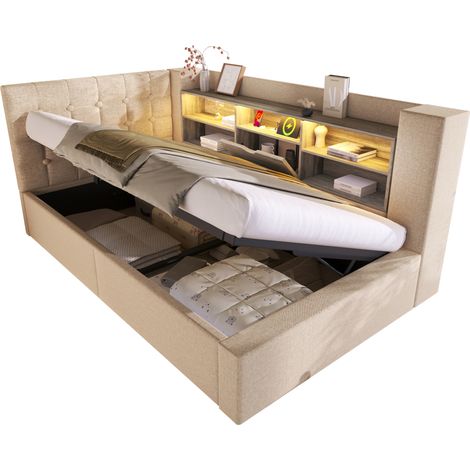Letto 90x200 cm con contenitore idraulico, testiera L reversibile, LED multicolore, prese USB-A/USB-C, rete a doghe, tessuto beige, senza materasso, CHICFURN (1/5)