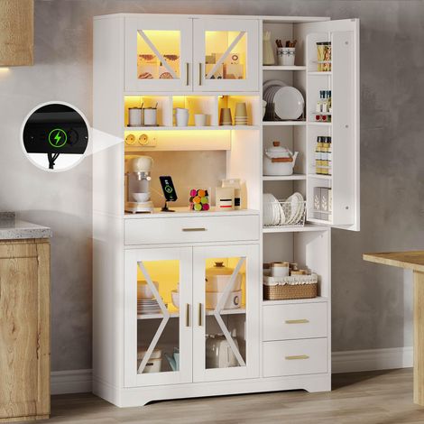 Küchenschrank im Scheunenstil, hoher Aufbewahrungs- und Vitrinenschrank mit verstellbaren Einlegeböden, Schublade, farbwechselnder LED-Beleuchtung und Steckdosen, 185 × 105 × 40 cm. (1/5)