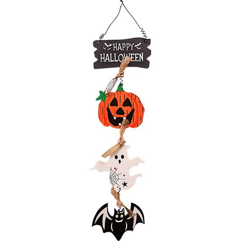 Pendentif Halloween - Décoration Porte Bois Citrouille Fantôme - Accroche Murale Intérieure Extérieure - Lot de 1 (1/5)