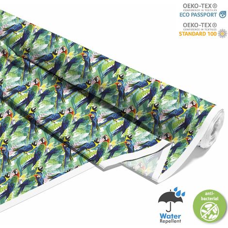 Outdoor dekostoffe oxford - Motiv Bunte Papageien auf den Blättern (1/5)