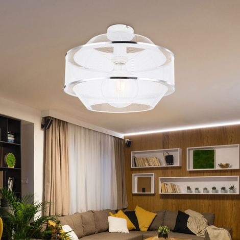 Plafoniera design sala da pranzo in rete metallica lampada da soffitto 1 lampadina con due anelli cromati effetto griglia, gabbia in metallo bianco, 1x attacco E27, DxH 27,5x12x21,5 cm