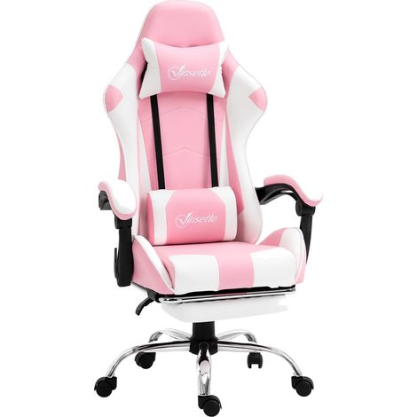 Fauteuil gaming ergonomique, rose blanc, appui-tête, coussin lombaire, réglable hauteur, pivotant 360° (1/5)