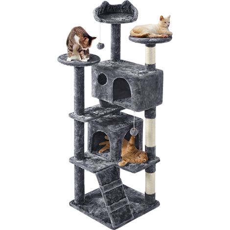 Yaheetech Albero Tiragraffi per Gatti in Sisal e Truciolato 49 cm × 49 cm × 158 cm Torre con Posatoio Condominio Gioco Scuro Grigio