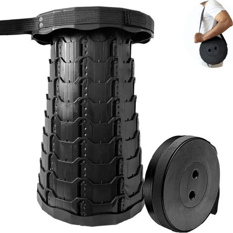 Tabouret pliant rétractable, stable et ajustable, noir, pour pêche, camping, randonnée, barbecue (1/5)