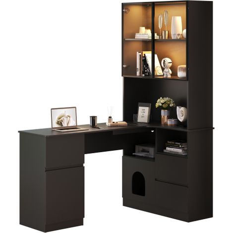 Bureau d'angle 120×80×180 cm, étagère, LED, 3 tiroirs, 2 portes (1/5)