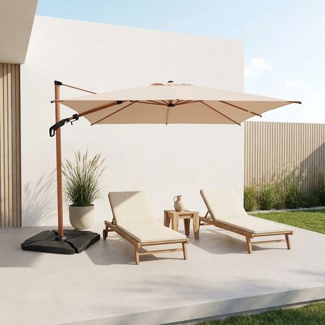 Parasol déporté rectangulaire 3x4m. mât effet bois beige + Base 50 - Etretat/Baso