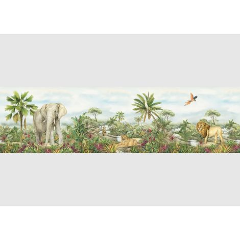 Frise auto-collante Animaux de la jungle lion et éléphant en couleur - 1 rouleau de 0,138 x 5 m (1/5)