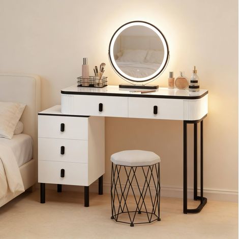Coiffeuse 125x40x100 cm blanc et noir – miroir LED, avec tabouret (1/5)