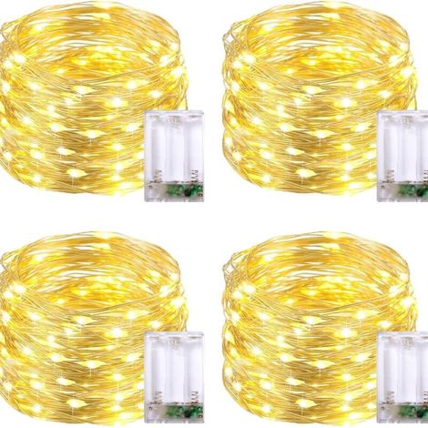 Lot de 4 guirlandes lumineuses à 100 LED et à piles en fil de cuivre pour intérieur, extérieur, chambre, décoration de mariage, fête, Noël, arbre (10 m, blanc chaud) [Classe énergétique A] (1/5)