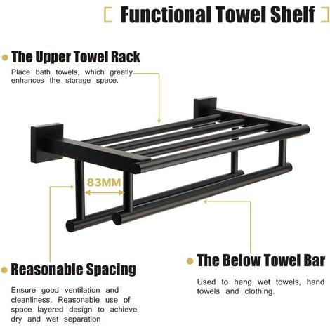 Toallero doble de pared para baño, con estante de acero inoxidable para cocina y aseo, 40 cm de largo, negro mate.