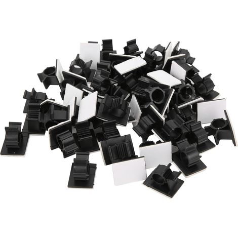 Lot de 50 clips de câble réglables en nylon noir, adhésifs, pour la gestion des câbles. (1/5)