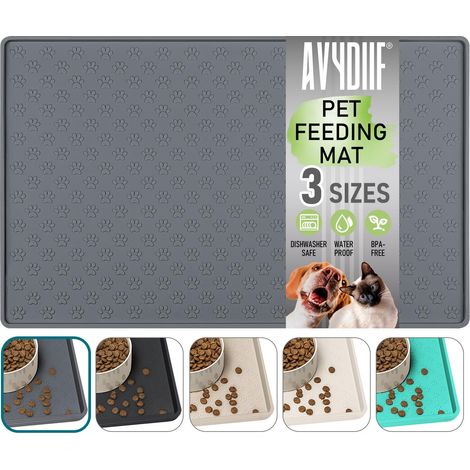 Tapis de gamelle pour Chien, Tapis de Nourriture pour Chiens et Chats - Tapis d'alimentation antidérapant en Silicone - Tapis imperméable avec Bord - Passe au Lave-Vaisselle (M : 48 × 30 cm, Gris) (1/5)