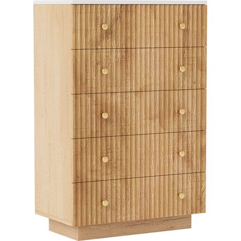 Commode, 5 tiroirs, buffet LED, commode chambre, meuble de rangement, Panneau de particules, Idéale pour rangement chambre/salon/cuisine ou bureau, 73x40x111cm, Chêne (1/5)