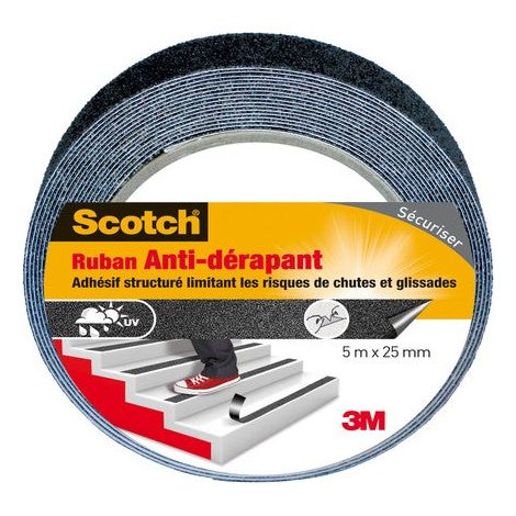3M – Ruban adhésif antidérapant 5 m x 25 mm – Pour marches et escaliers – Imperméable et déchirable à la main – Plastique noir (1/5)