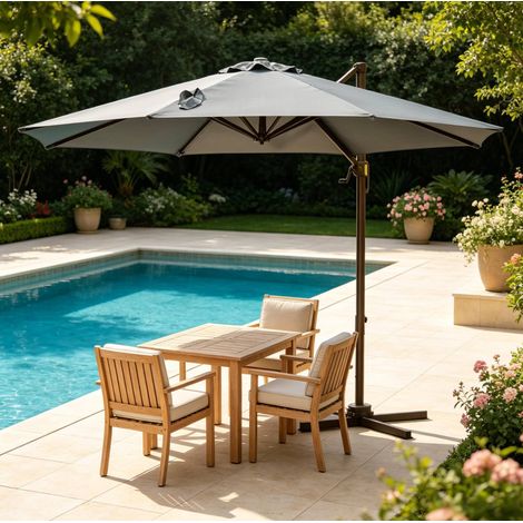 Parasol déporté octogonal 295 cm avec rotation 360°, inclinaison 5 positions, manivelle, structure aluminium gris foncé (1/5)