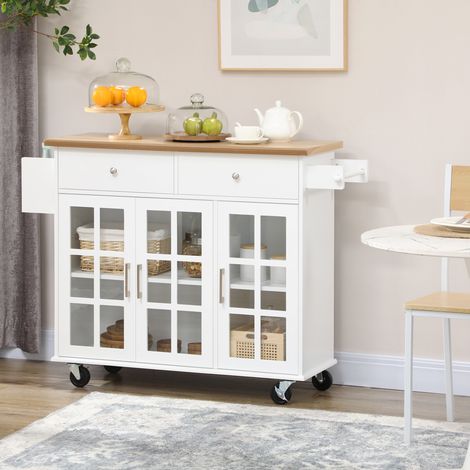 Chariot Cuisine Roues Îlot Tiroirs Portes Porte-serviettes Trempé Mobilier Intérieur Verre Blanc 124,5x39,5x90cm