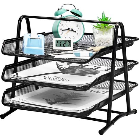 Organizador de papel deslizante de malla metálica de 3 niveles para oficina, escuela y hogar, color negro. (1/5)