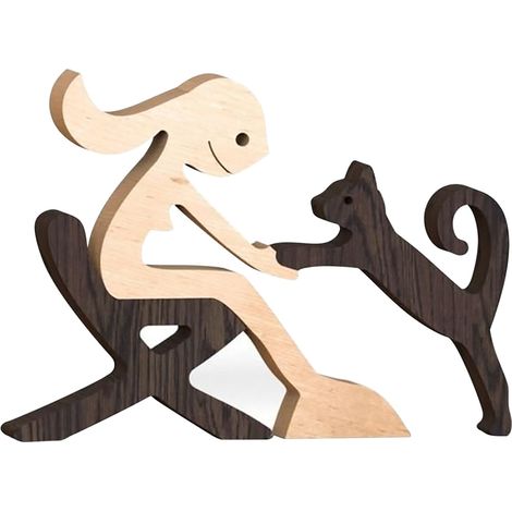 Statue Bois Chien Chat Famille - Sculpture Décorative Main - Pour Salon Bureau Séjour - 1 Pièce (1/5)