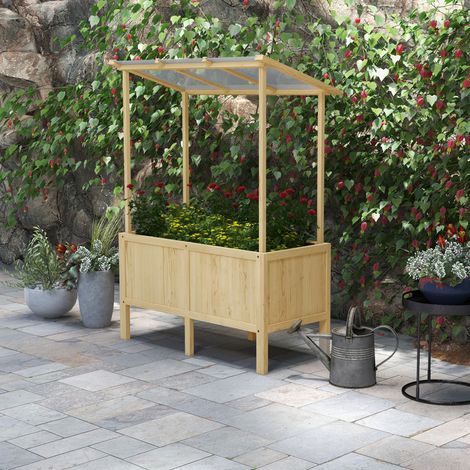 Hochbeet mit Dach, Drainagelöcher, Vliesauskleidung, wetterfest, Tannenholz, 110x60x152 cm